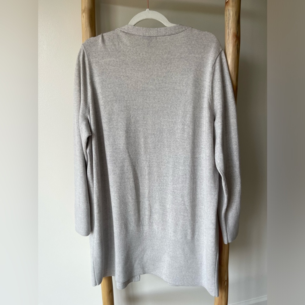 Eileen Fisher Fine Merino Wool Long V Neck Cardigan with Pockets Light Gray L - Picture 9 of 11